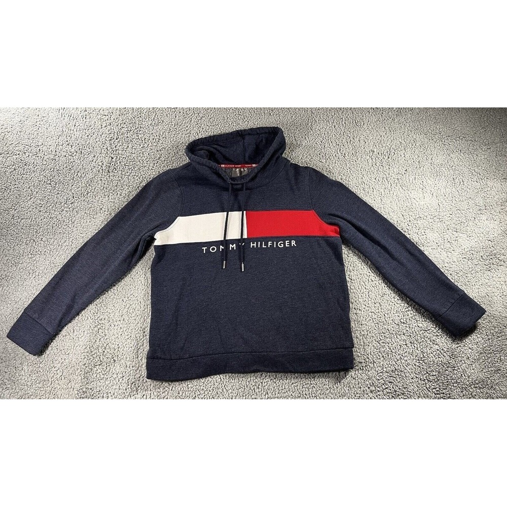 Tommy Hilfiger Sweatshirt Women M Blue‎ Colorblock Sport Funnel Neck Athleisure